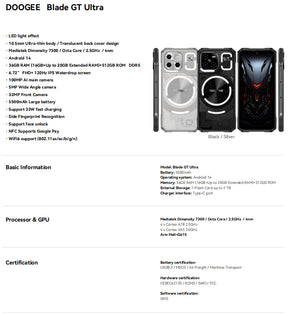 DOOGEE Blade GT Ultra, CPU: tamanho 7300 120Hz 6,72 polegadas,  16GB RAM, 512GB ROM