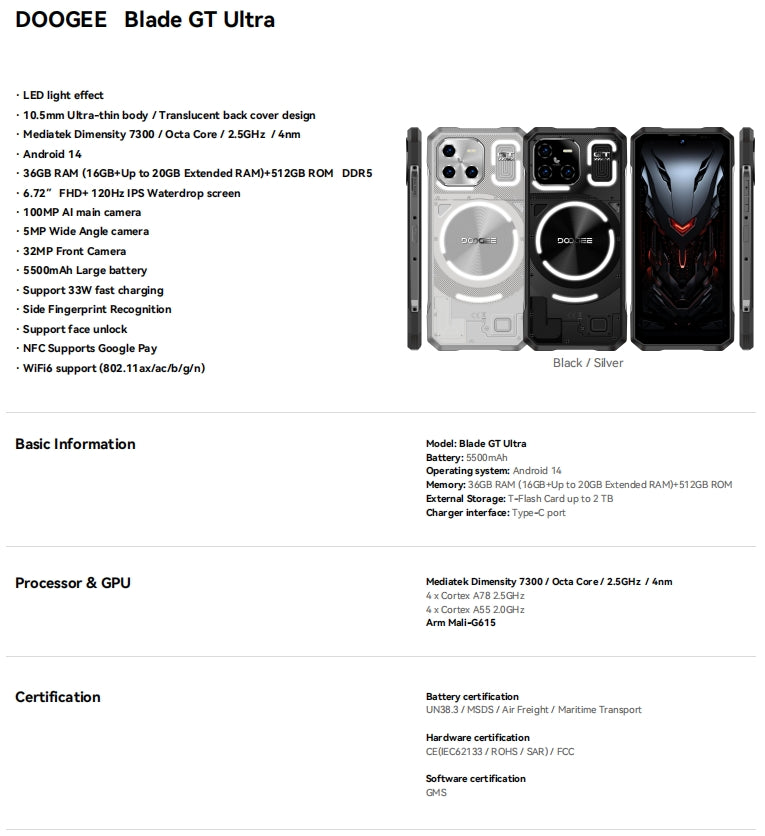 DOOGEE Blade GT Ultra, CPU: tamanho 7300 120Hz 6,72 polegadas,  16GB RAM, 512GB ROM