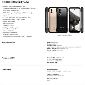 DOOGEE Blade20 Turbo, CPU: Tamanho 7050 120Hz 6,6 polegadas, 8GB RAM, 256GB ROM