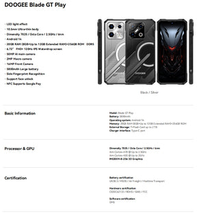 DOOGEE Blade GT Play,CPU: Tamanho 7025 120Hz 6,72 polegadas [banda de frequência global 5G] NFC smartphone,8GB RAM,256GB ROM