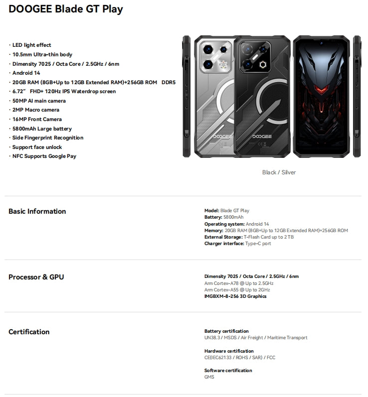 DOOGEE Blade GT Play,CPU: Tamanho 7025 120Hz 6,72 polegadas [banda de frequência global 5G] NFC smartphone,8GB RAM,256GB ROM
