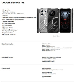 DOOGEE Blade GT Pro, CPU: Tamanho 7025 120Hz 6,72 polegadas, 12GB RAM, 512GB ROM