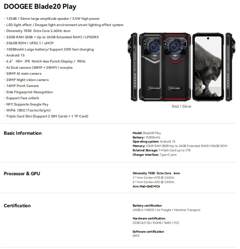 DOOGEE Blade20 Play, CPU: Tamanho 7050 120Hz 6,6 polegadas, 8GB RAM, 256GB ROM
