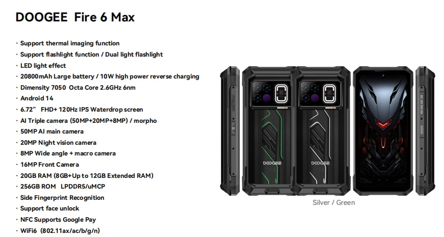 DOOGEE FIRE 6 MAX, CPU: Tamanho 7050 120Hz 6,72 polegadas, [banda de frequência global 5G]  20800mAh grande bateria 8GB RAM, 256GB ROM