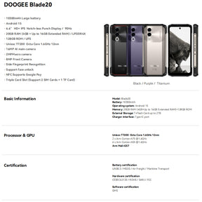 DOOGEE Blade20, CPU: T7200 120Hz de 6,6 polegadas,4GB RAM, 128GB ROM