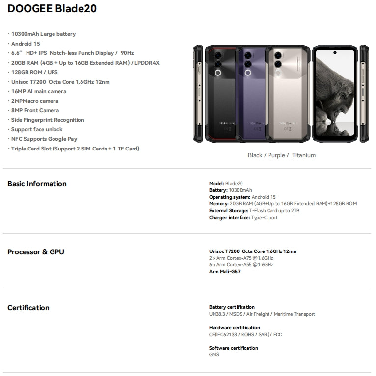 DOOGEE Blade20, CPU: T7200 120Hz de 6,6 polegadas,4GB RAM, 128GB ROM