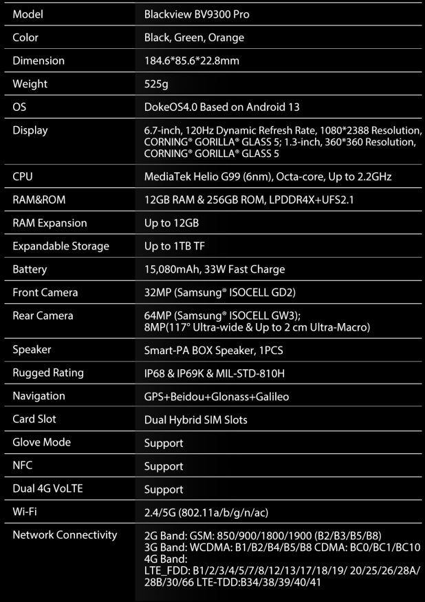Blackview BV9300 PRO, CPU G99 120Hz 6,7 polegadas, 12GB RAM, 256GB ROM