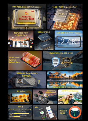 Cubot KingKong X Helio Dimensity 7050 120Hz tela de 6,583 polegadas 16GB 256/512GB ROM