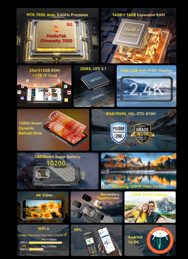 Cubot KingKong X Helio Dimensity 7050 120Hz tela de 6,583 polegadas 16GB 256/512GB ROM