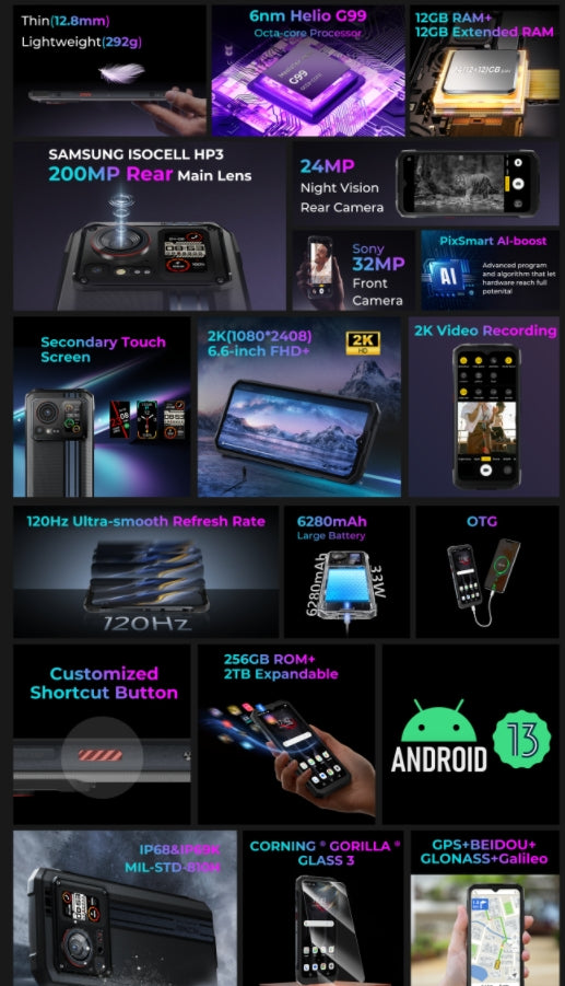 HOTWAV Cyber 15 4G tela de 6,6 polegadas smartphone à prova de triplo 12 GB de RAM 256 GB de ROM