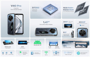 DOOGEE V40 Pro tela principal de 6,78 polegadas tela traseira multifuncional IPS de 1,47 polegadas 16GB RAM 512GB ROM.