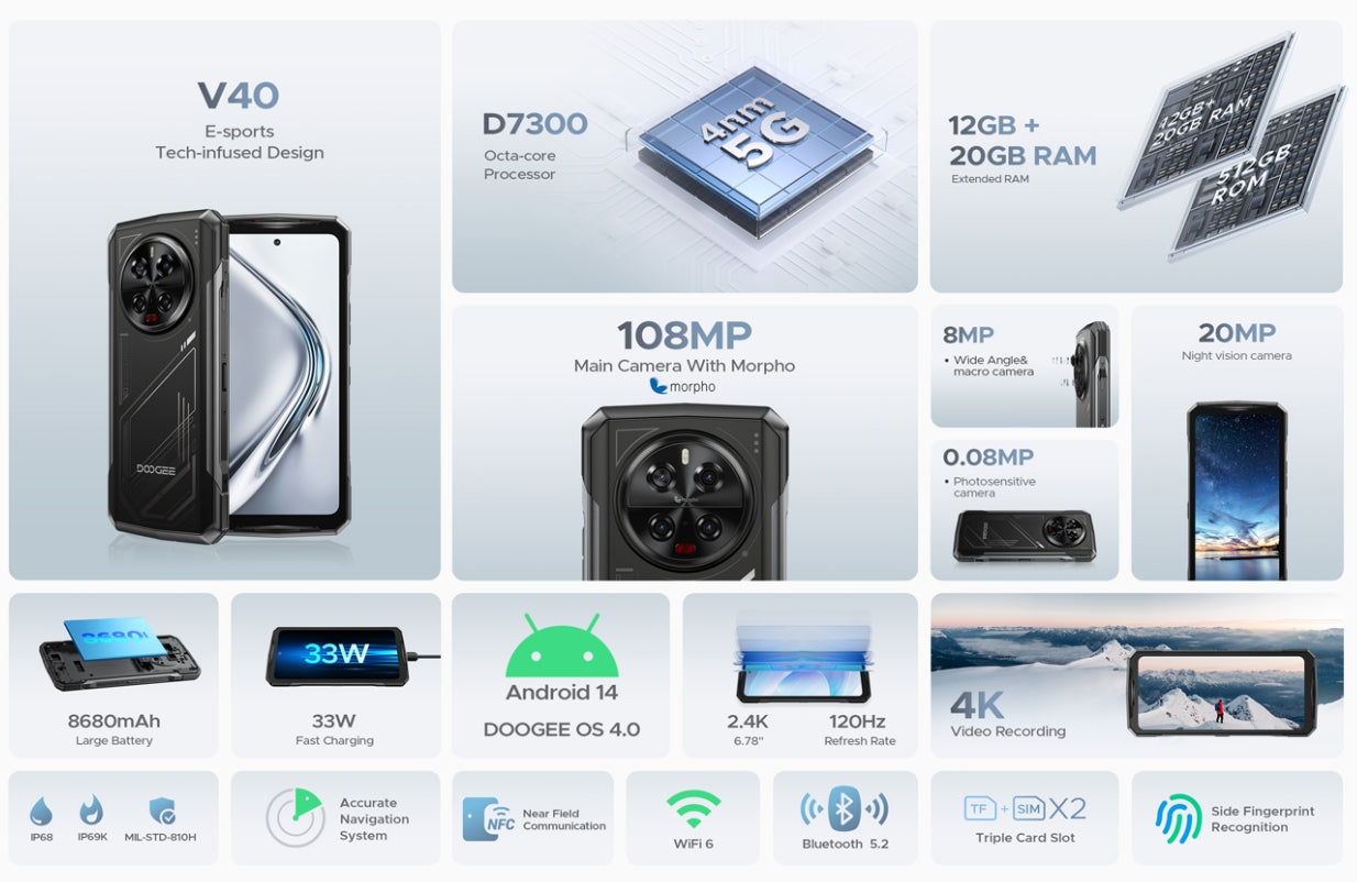 DOOGEE V40 CPU Dimensião 73006 120Hz 6,78 polegadas 5G smartphone rougado para aqueles que puderam jogar V40 12GB RAM 512GB ROM