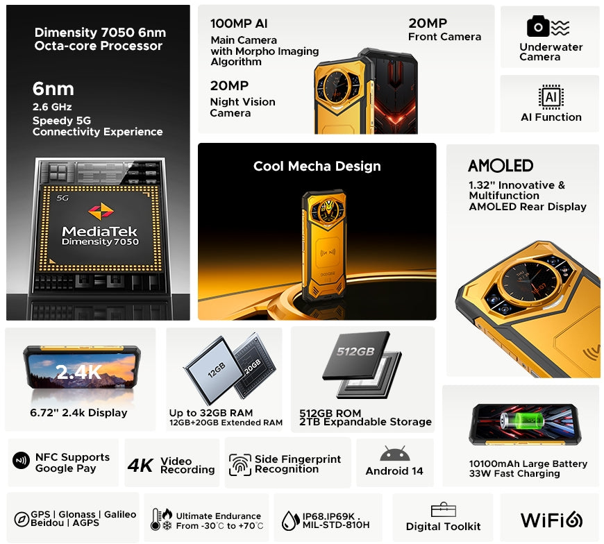 DOOGEE S200X,CPU:Dimensão 7050 120Hz 6,72 polegadas,10100mAh Grande Bateria,12GB RAM,512GB ROM