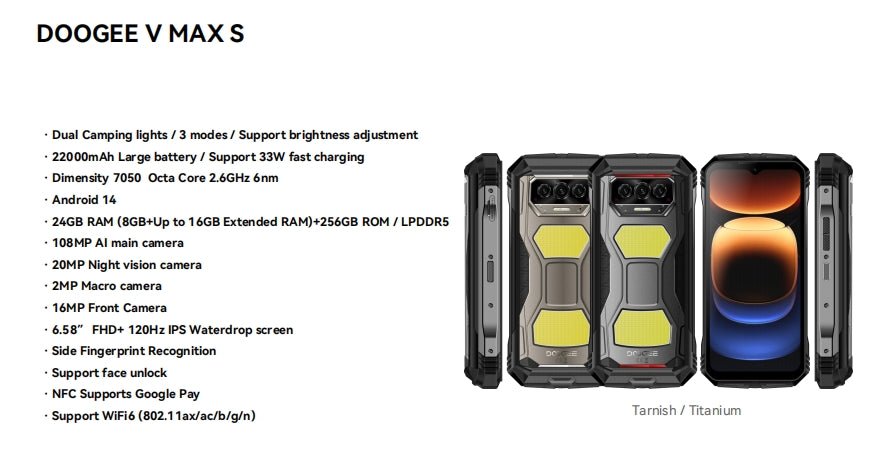 DOOGE V Max S, CPU: tamanho 7050 120Hz 6,6 polegadas, 22000mAh bateria de grande capacidade,8GB RAM, 256GB ROM